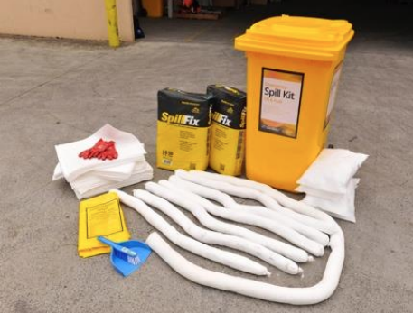 A spill kit contains materials and equipment to contain, soak up, and dispose of liquids.