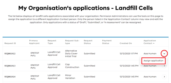 Select a Landfill Cell application to assign