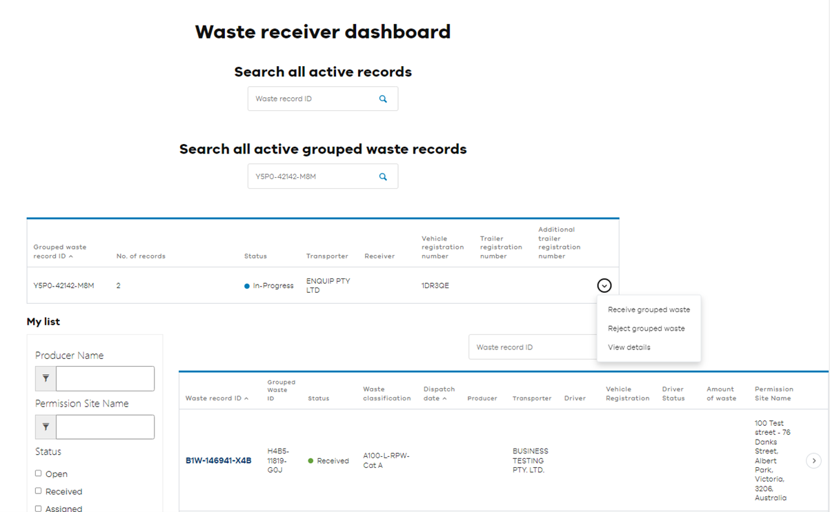 Waste receiver dashboard