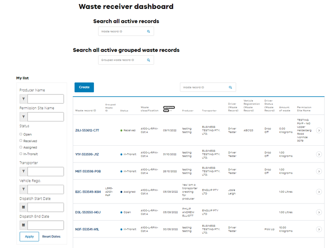 Waste receiver dashboard 
