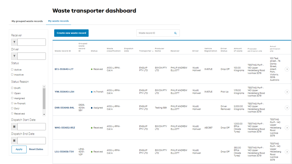 Waste transporter dashboard